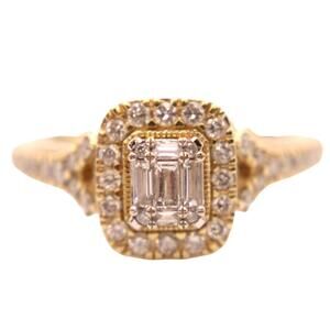 14kt Yellow Gold Diamond Round & Emerald Cut Midcentury Modern Engagement Ring
